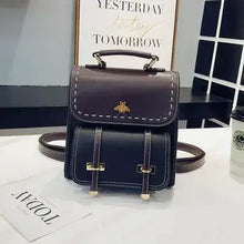 Load image into Gallery viewer, Vintage paneled PU leather women&#39;s backpack with bee emblem, ideal for fashion-forward explorers.

