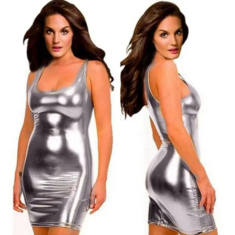 Woman modeling sexy silver wetlook faux leather lingerie dress with tank-style sleeves