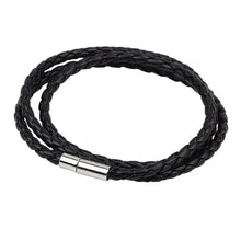 Load image into Gallery viewer, Black braided vegan leather bracelet with silver clasp, showcasing elegant fashion accessory made from durable PU leather.
