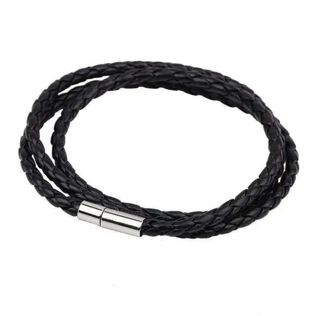 Black braided vegan leather bracelet with silver clasp, showcasing elegant fashion accessory made from durable PU leather.