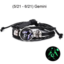 Load image into Gallery viewer, Gemini zodiac sign leather bracelet with constellation design and adjustable black strap.
