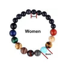 Load image into Gallery viewer, Eight Planets Natural Stone Bracelet for Women featuring Blue Sand Stone, Red Agate, Tiger Eye, Lapis Lazuli, and Yellow Jade.
