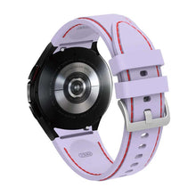 Load image into Gallery viewer, Purple silicone sports bracelet for Samsung Galaxy Watch 4 Classic, designed for 46mm and 42mm models, featuring stylish red stitching.
