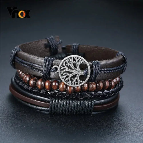 Braided wrap leather bracelet with tree of life charm, sophisticated design, durable and stylish.