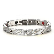 Load image into Gallery viewer, Sleek silver magnetic therapy bracelet designed to enhance energy and vitality, featuring stylish links and a secure clasp.
