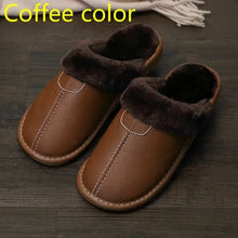 Load image into Gallery viewer, Men&#39;s vegan leather slippers in coffee color with plush interior, providing warmth and comfort for indoor wear.
