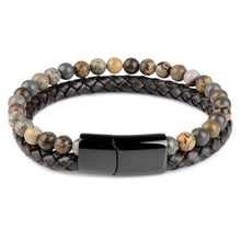 Load image into Gallery viewer, Genuine leather bracelet with natural stone beads and black clasp, stylish accessory for a touch of sophistication and elegance.
