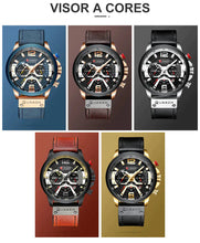 Load image into Gallery viewer, Curren Chono Edition 2022 leather watches in five colors, military-inspired design with gold accents, vibrant choices for personal style.
