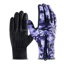 Load image into Gallery viewer, Waterproof outdoor sports gloves with camo design and touchscreen fingertips for winter activities.
