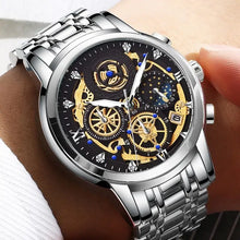 Load image into Gallery viewer, Men&#39;s stainless steel watch with intricate design, black and gold face, and comfortable band. Perfect for style and functionality.
