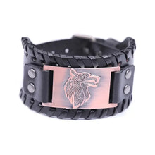 Load image into Gallery viewer, Vintage wide leather woven bracelet with wolf head centerpiece, symbolizing strength, featuring intricate details and modern edge. Unisex.
