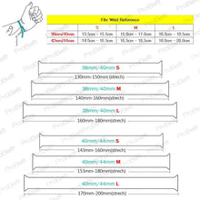 Load image into Gallery viewer, Apple Watch 5 band size chart showing wrist reference measurements for sizes S, M, and L in millimeters.
