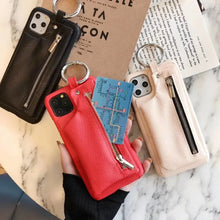Load image into Gallery viewer, Luxury Zipper PU Leather Wallet Case for iPhone in black, red, and pink with card slots and zipper closure.
