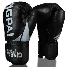 Load image into Gallery viewer, Black premium boxing gloves for training and sparring, crafted for durability and comfort, featuring modern design and branding.
