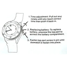 Load image into Gallery viewer, Illustration showing instructions for adjusting watch time, replacing battery, and fastening top part on a watch cigarette grinder.
