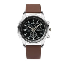 Load image into Gallery viewer, Limited Three Eye Watch with brown strap, silver casing, and black dial featuring three-eye chronograph. Elegant quartz men&#39;s watch.
