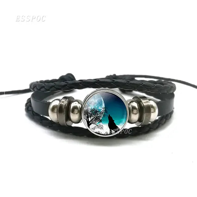Handmade leather wolf bracelet with moon design, high-quality craftsmanship, premium materials, stylish accessory for a bold look.