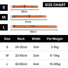Cargar imagen en el visor de la galería, Size chart for leather anti-lost dog collar with adjustable strap. Sizes S to L, neck measurements, width, and pet weight.
