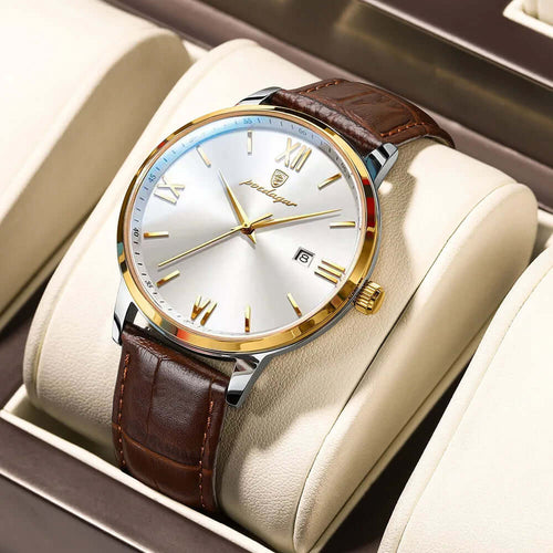 Luxury men's quartz watch with vegan leather strap, gold accents, and date feature, elegantly displayed in a case.