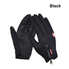 Cargar imagen en el visor de la galería, Black waterproof winter gloves with phone touch capability, featuring a zipper and textured grip for warmth and convenience.
