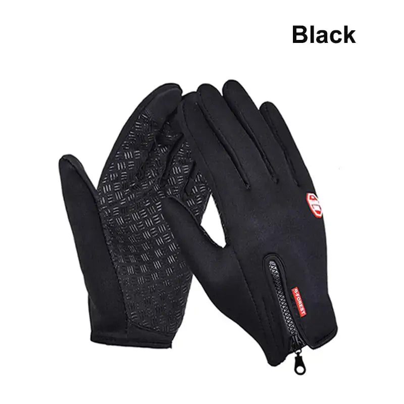 Black waterproof winter gloves with phone touch capability, featuring a zipper and textured grip for warmth and convenience.