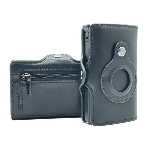 Black trifold men’s leather wallet with AirTag holder, 8 credit card slots, and money clip. Made from vegan leather, perfect for Apple AirTags.