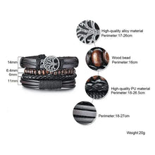 Load image into Gallery viewer, Braided wrap leather bracelet with alloy tree charm, wood bead detail, and PU material, adjustable for perfect fit. Weight: 20g.
