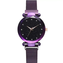 Load image into Gallery viewer, Luxury women&#39;s diamond watch with a purple mesh band and elegant black dial, perfect blend of style and precision.
