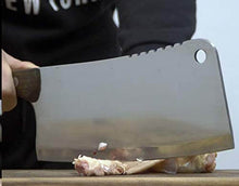 Load image into Gallery viewer, eZthings Heavy Duty Professional Cutting Cleaver slicing meat, ideal for commercial kitchens, stain and corrosion resistant.
