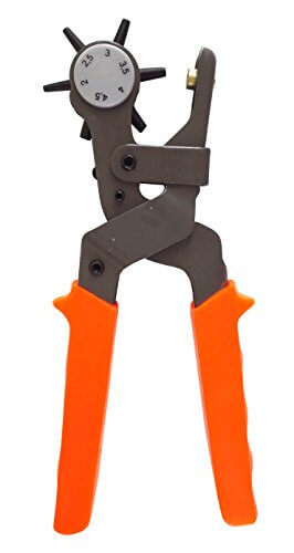 eZthings leather-craft revolving punch pliers with orange handles and adjustable round punch heads for belt and leather hole punching