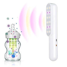 Load image into Gallery viewer, eZthings Professional UV Sterilizer wand sanitizing a baby bottle, chemical-free and travel-size, emits UV light to kill germs.
