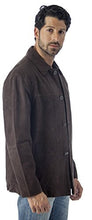 Load image into Gallery viewer, REED Men&#39;s Quello chocolate suede leather jacket, 4-button, water repellent, with Nappallan trim accents and satin lining, modeled.
