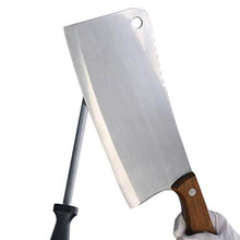 Load image into Gallery viewer, eZthings Heavy Duty Professional Cutting Cleaver with wooden handle, stainless steel blade, and sharpening rod for commercial use.
