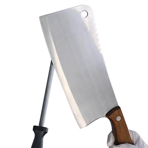 eZthings Heavy Duty Professional Cutting Cleaver with wooden handle, stainless steel blade, and sharpening rod for commercial use.