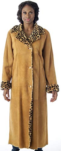 REED Women's Sheepskin Shearling Full-Length Coat with leopard print trim, genuine suede surface, featuring button closure. Imported.