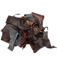 Cargar imagen en el visor de la galería, Assorted leather scraps from garment leather cutting, ideal for crafts, mostly cow hide, high-quality jacket remnants.
