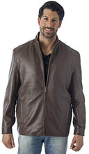 Load image into Gallery viewer, Man wearing REED Men&#39;s 27&#39;&#39; Suave Leather Jacket in brown English lamb leather with zip-up collar, front view.
