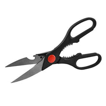 Load image into Gallery viewer, Multipurpose eZthings scissors with black handles and red button for home crafts, arts, or office cutting projects.
