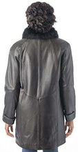 Load image into Gallery viewer, Back view of REED Women&#39;s Lamb Leather Swing Coat with Fox Fur Collar, showcasing luxurious leather and elegant design.

