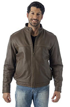 Load image into Gallery viewer, Contemporary brown leather jacket with stand-up collar worn by male model; perfect for stylish, confident looks.
