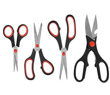 Load image into Gallery viewer, eZthings multipurpose scissors set for crafts and office projects, featuring four high-quality cutting shears with red handles.
