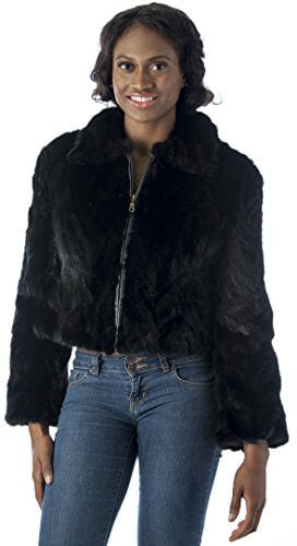Woman wearing REED Women's Genuine Mink Fur Bomber Jacket, black, small size, standing with hands by side, new apparel product.