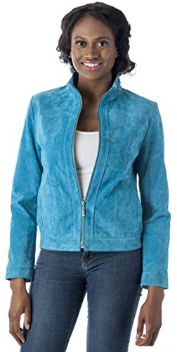 REED Women's 22'' blue suede leather jacket with stand up collar, shown on model for a stylish and comfortable look