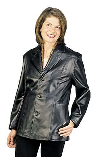 Woman wearing REED Women's 27'' Misses Fit Three Button Leather Jacket in black lamb leather for effortless style and warmth.