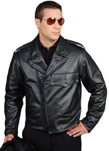 REED Men's Police Leather Motorcycle Patrol Jacket in Black, made in USA, offers premium cowhide protection and style for officers.