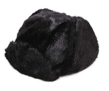 Cargar imagen en el visor de la galería, Black faux mink fur aviator hat with ear flaps, ideal for winter and ski weather, offering warmth and wind resistance.
