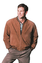 Load image into Gallery viewer, REED Men&#39;s Baseball Suede Leather Jacket on model, showcasing durable suede and classic styling for fall and spring wear.
