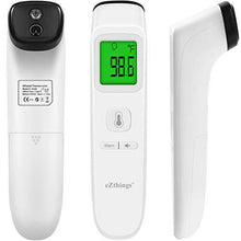 Load image into Gallery viewer, eZthings medical-grade infrared forehead thermometer showing 98.6°F, features non-touch operation and fever alarm for accurate readings.
