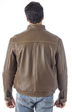 Load image into Gallery viewer, Back view of a brown leather stand up collar jacket worn by a male model, featuring durable cowhide leather and contrast stitching.
