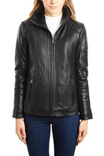 Load image into Gallery viewer, REED EST. 1950 women&#39;s lambskin leather jacket with stand up collar, classic black design, zipped front, premium quality coat.
